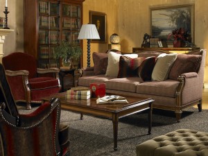 Walnut sofa with leather and fabric