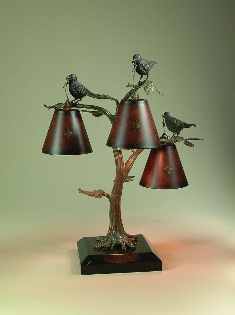 Finely Cast Bronze Brass Bird and Tree Lamp