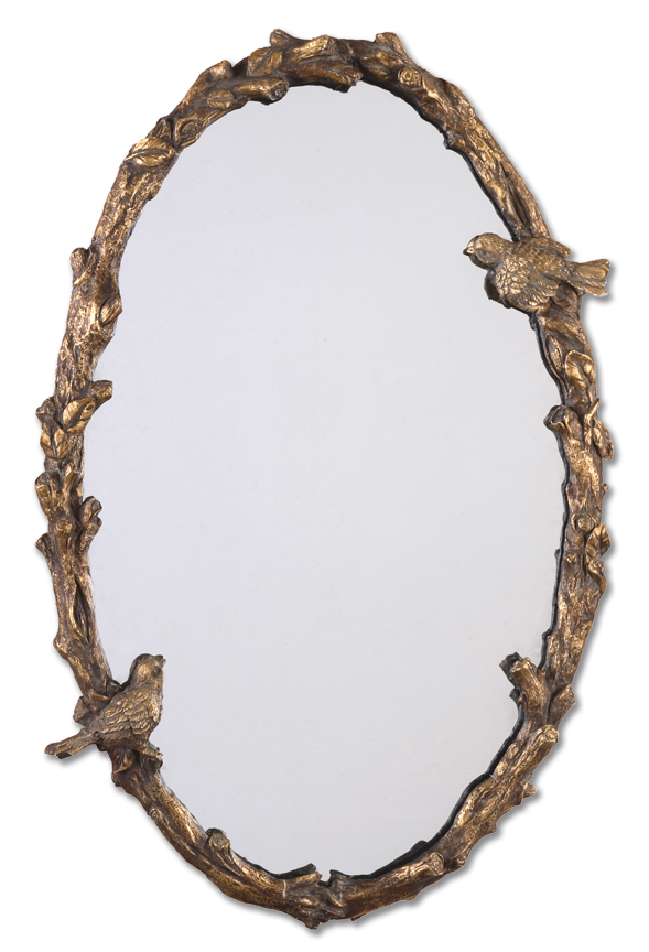 Perching Birds Oval Mirror Antiqued gold leaf oval mirror with decorative birds