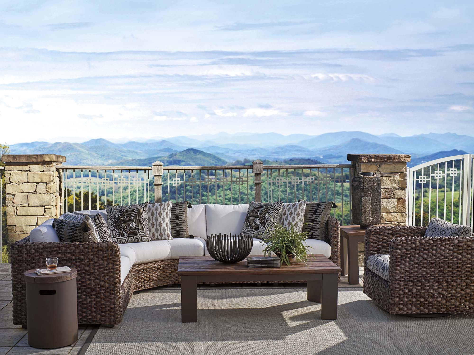 Custom outdoor sectional seating with mountain views and performance cushions.