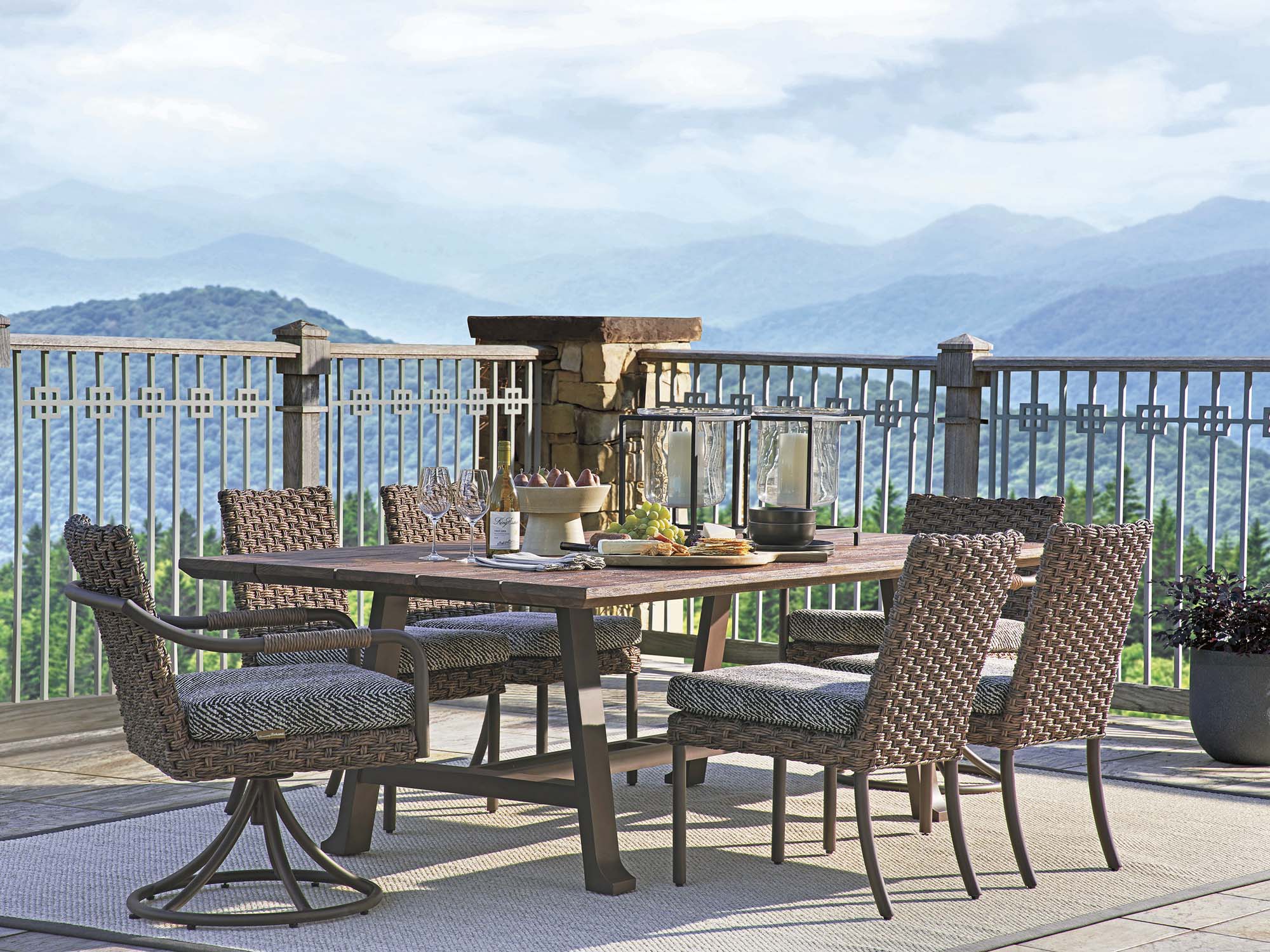 Luxury outdoor dining furniture with mountain views in a Colorado outdoor living space.